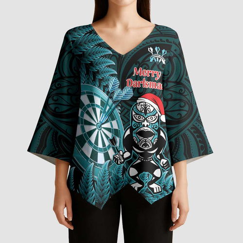 Personalised New Zealand Darts Christmas Kimono Sleeve Blouse Maori Fern Merry Dartsmas - Aussie Hoodie