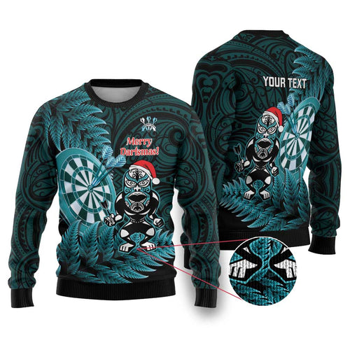 Personalised New Zealand Darts Christmas Ugly Christmas Sweater Maori Fern Merry Dartsmas - Aussie Hoodie