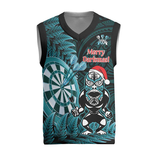 Personalised New Zealand Darts Christmas Knitted V-Neck Vest Maori Fern Merry Dartsmas - Aussie Hoodie