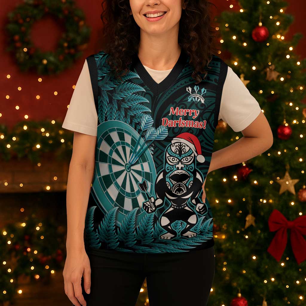 Personalised New Zealand Darts Christmas Knitted V-Neck Vest Maori Fern Merry Dartsmas - Aussie Hoodie