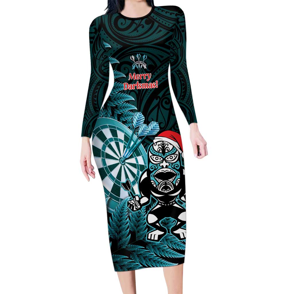 Personalised New Zealand Darts Christmas Long Sleeve Bodycon Dress Maori Fern Merry Dartsmas - Aussie Hoodie