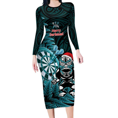 Personalised New Zealand Darts Christmas Long Sleeve Bodycon Dress Maori Fern Merry Dartsmas - Aussie Hoodie