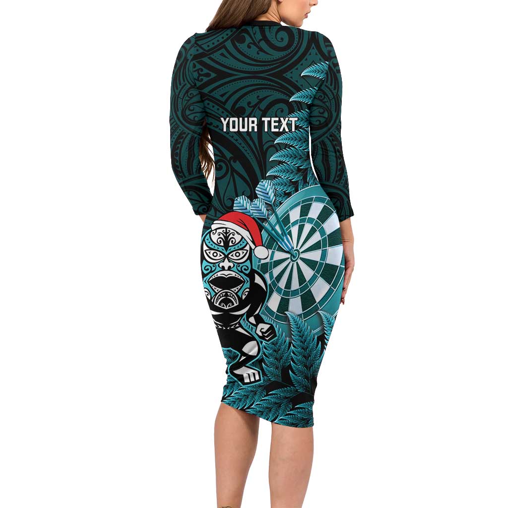 Personalised New Zealand Darts Christmas Long Sleeve Bodycon Dress Maori Fern Merry Dartsmas - Aussie Hoodie