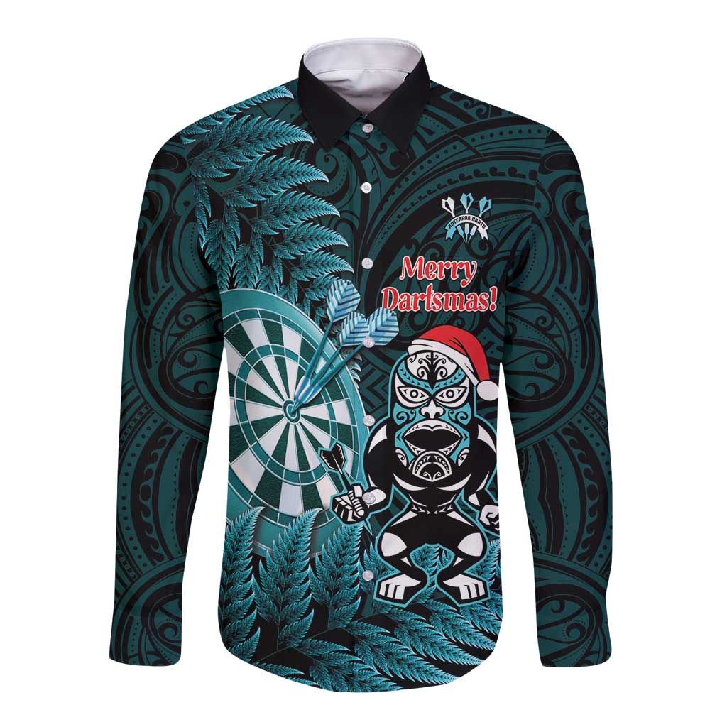 Personalised New Zealand Darts Christmas Long Sleeve Button Shirt Maori Fern Merry Dartsmas - Aussie Hoodie