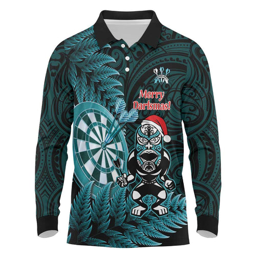 Personalised New Zealand Darts Christmas Long Sleeve Polo Shirt Maori Fern Merry Dartsmas - Aussie Hoodie