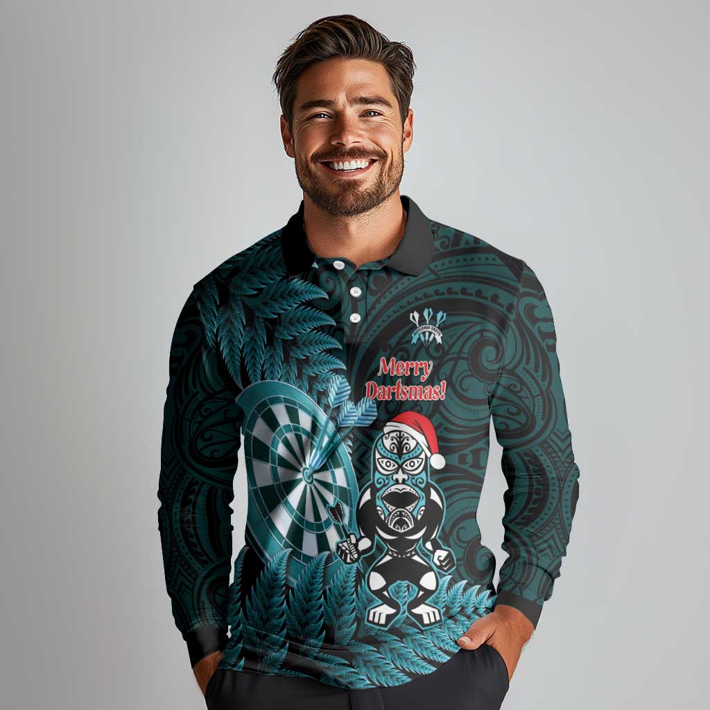 Personalised New Zealand Darts Christmas Long Sleeve Polo Shirt Maori Fern Merry Dartsmas - Aussie Hoodie