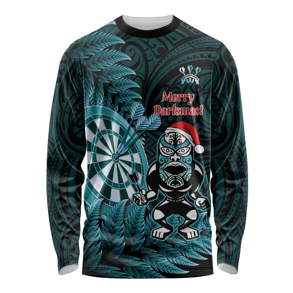 Personalised New Zealand Darts Christmas Long Sleeve Shirt Maori Fern Merry Dartsmas - Aussie Hoodie