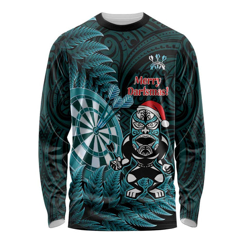Personalised New Zealand Darts Christmas Long Sleeve Shirt Maori Fern Merry Dartsmas - Aussie Hoodie