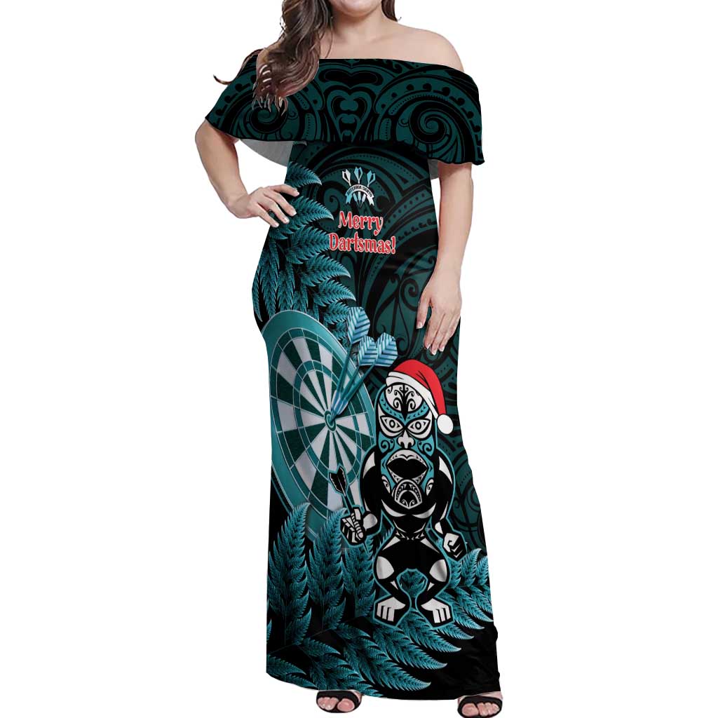 Personalised New Zealand Darts Christmas Off Shoulder Maxi Dress Maori Fern Merry Dartsmas - Aussie Hoodie