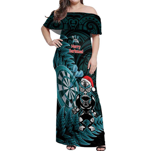 Personalised New Zealand Darts Christmas Off Shoulder Maxi Dress Maori Fern Merry Dartsmas - Aussie Hoodie