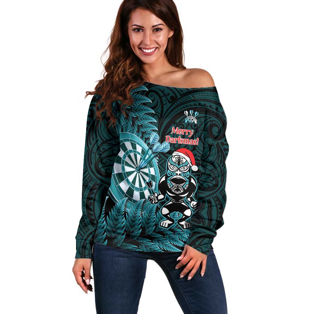 Personalised New Zealand Darts Christmas Off Shoulder Sweater Maori Fern Merry Dartsmas - Aussie Hoodie