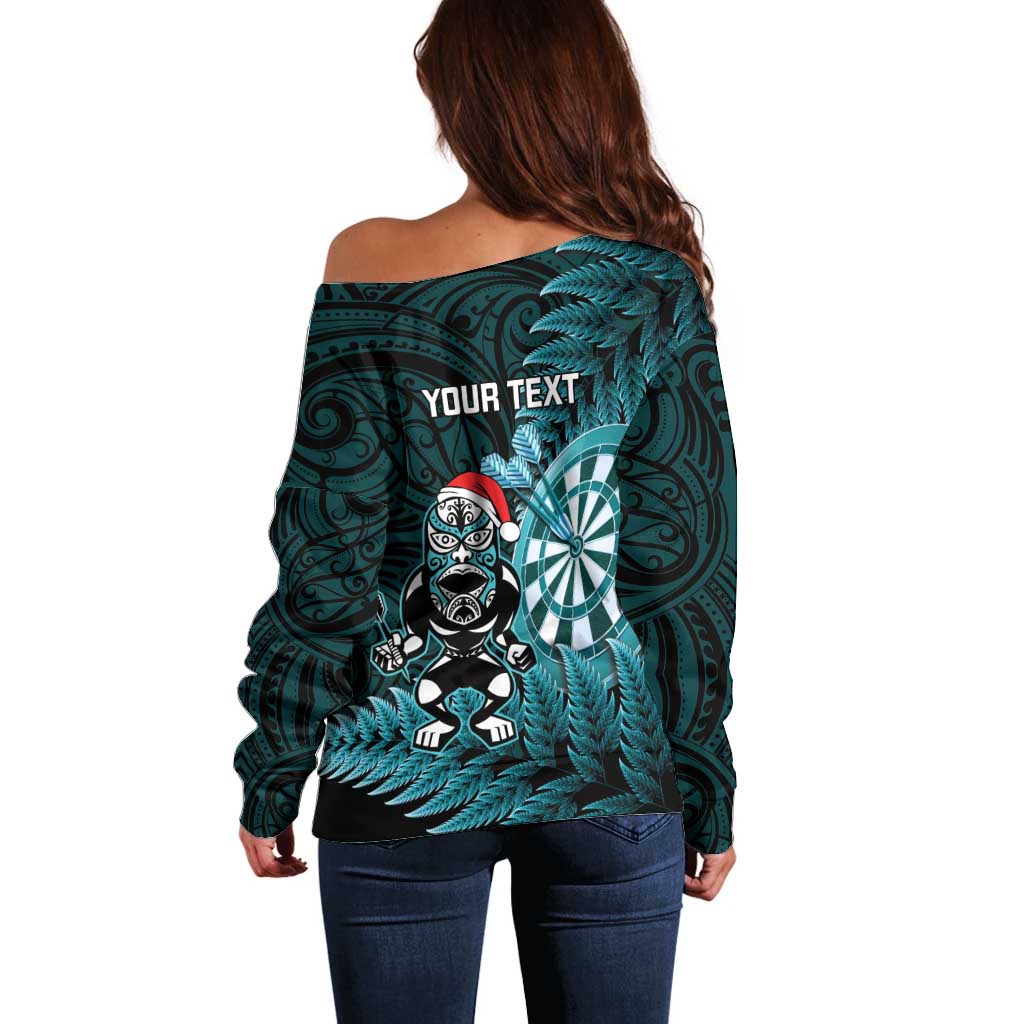 Personalised New Zealand Darts Christmas Off Shoulder Sweater Maori Fern Merry Dartsmas - Aussie Hoodie