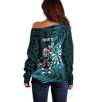 Personalised New Zealand Darts Christmas Off Shoulder Sweater Maori Fern Merry Dartsmas - Aussie Hoodie