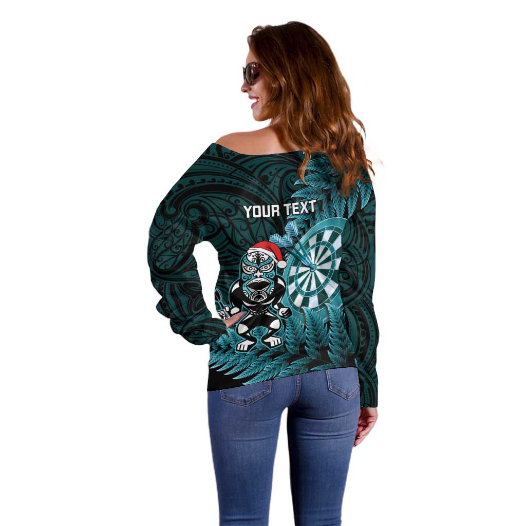 Personalised New Zealand Darts Christmas Off Shoulder Sweater Maori Fern Merry Dartsmas - Aussie Hoodie