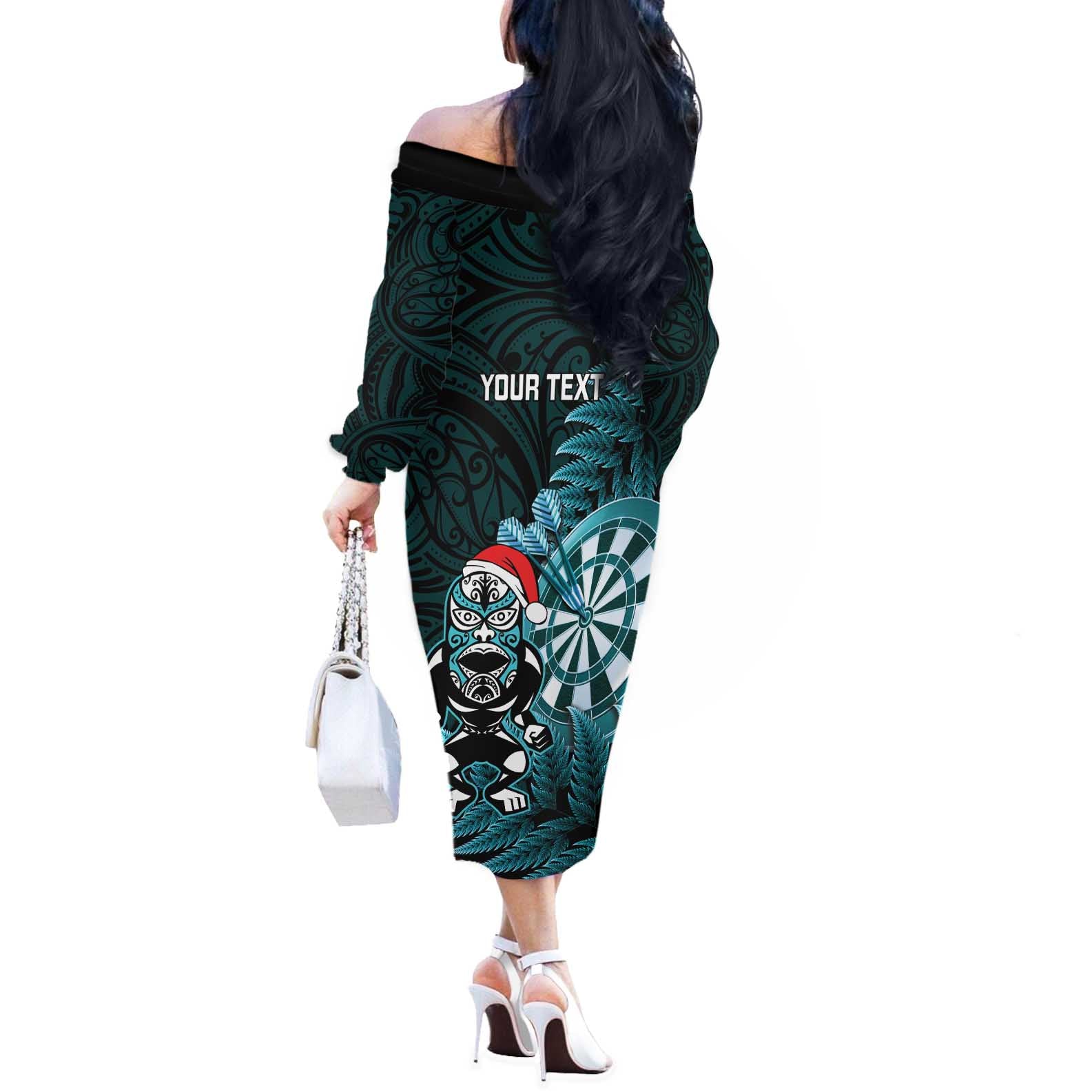Personalised New Zealand Darts Christmas Off The Shoulder Long Sleeve Dress Maori Fern Merry Dartsmas - Aussie Hoodie