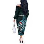 Personalised New Zealand Darts Christmas Off The Shoulder Long Sleeve Dress Maori Fern Merry Dartsmas - Aussie Hoodie
