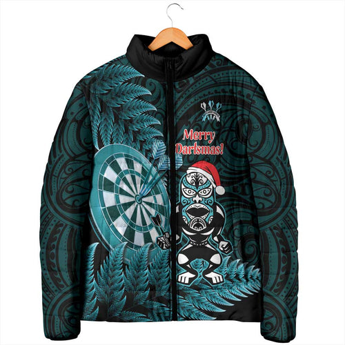 Personalised New Zealand Darts Christmas Padded Jacket Maori Fern Merry Dartsmas - Aussie Hoodie