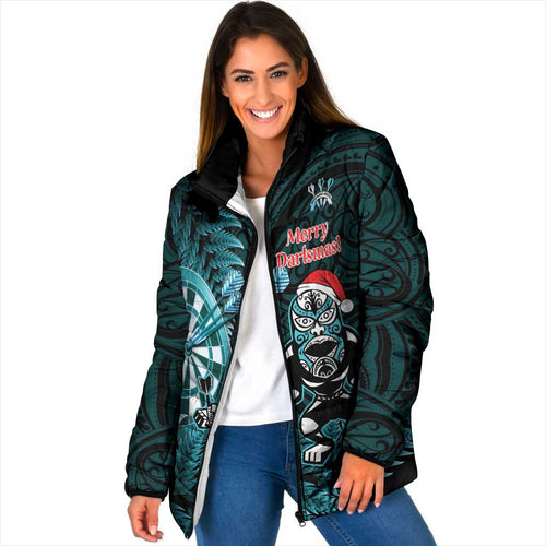 Personalised New Zealand Darts Christmas Padded Jacket Maori Fern Merry Dartsmas - Aussie Hoodie