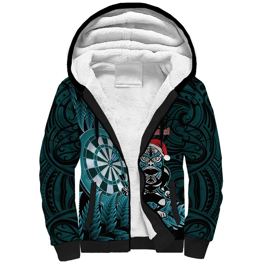 Personalised New Zealand Darts Christmas Sherpa Hoodie Maori Fern Merry Dartsmas - Aussie Hoodie