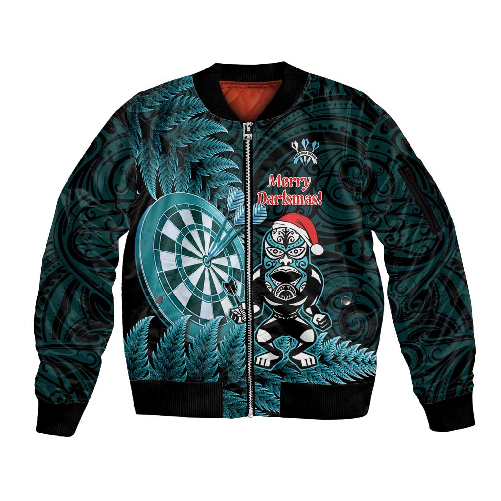 Personalised New Zealand Darts Christmas Sleeve Zip Bomber Jacket Maori Fern Merry Dartsmas - Aussie Hoodie