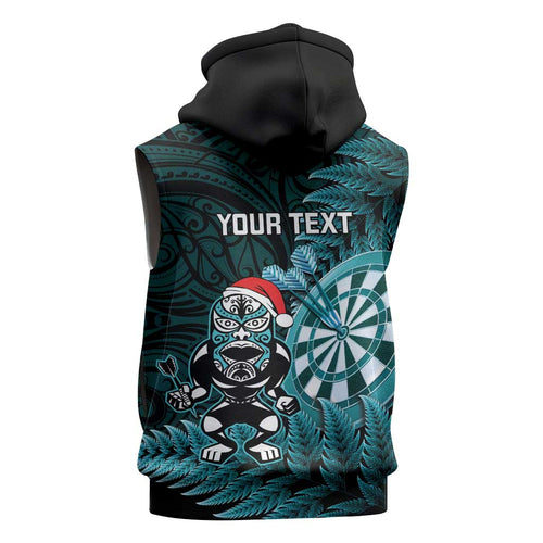 Personalised New Zealand Darts Christmas Sleeveless Hoodie Maori Fern Merry Dartsmas - Aussie Hoodie