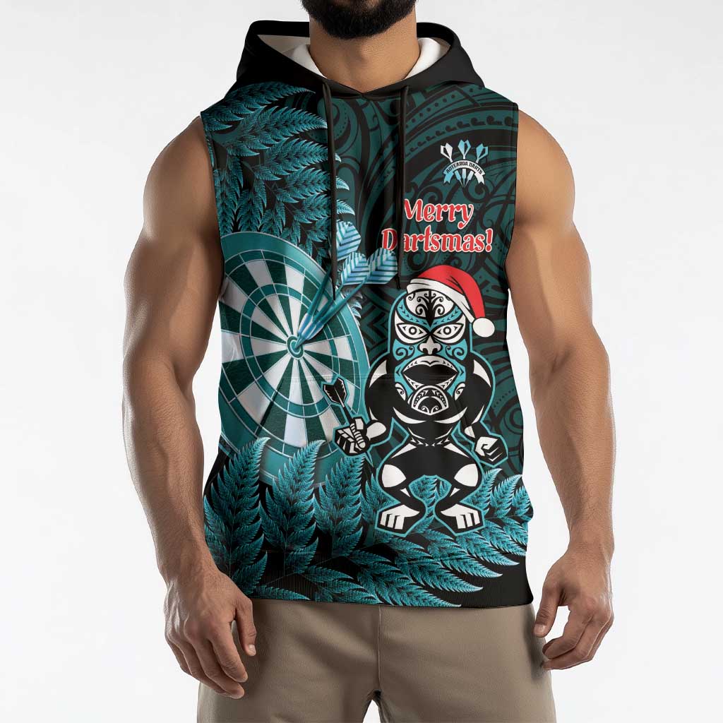 Personalised New Zealand Darts Christmas Sleeveless Hoodie Maori Fern Merry Dartsmas - Aussie Hoodie