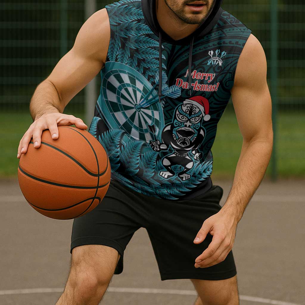 Personalised New Zealand Darts Christmas Sleeveless Hoodie Maori Fern Merry Dartsmas - Aussie Hoodie