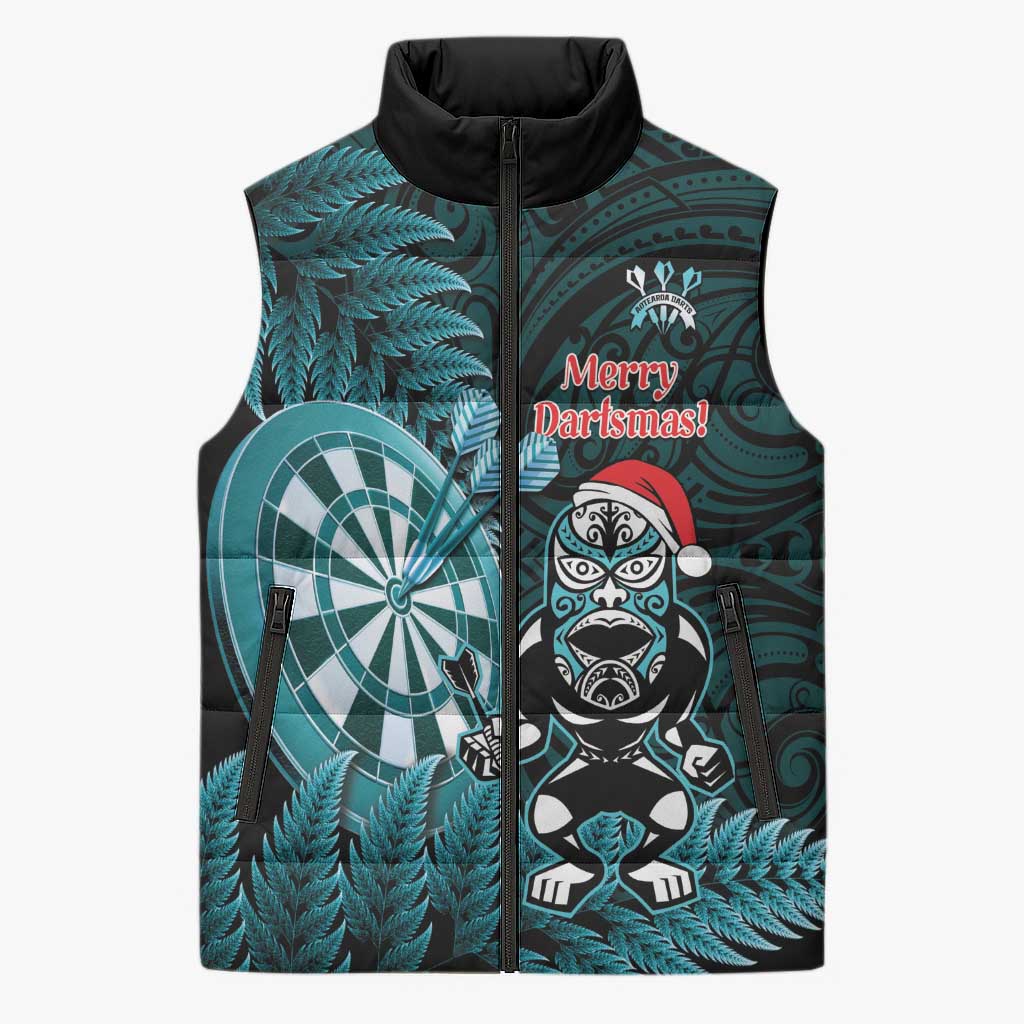 Personalised New Zealand Darts Christmas Sleeveless Puffer Jacket Maori Fern Merry Dartsmas - Aussie Hoodie