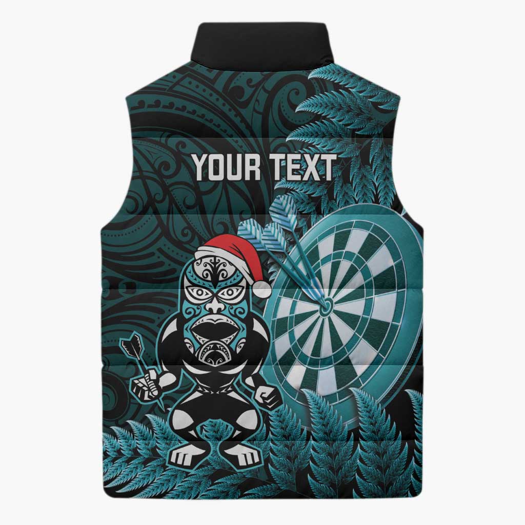 Personalised New Zealand Darts Christmas Sleeveless Puffer Jacket Maori Fern Merry Dartsmas - Aussie Hoodie