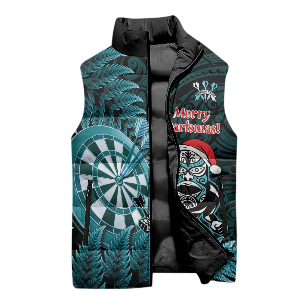 Personalised New Zealand Darts Christmas Sleeveless Puffer Jacket Maori Fern Merry Dartsmas - Aussie Hoodie