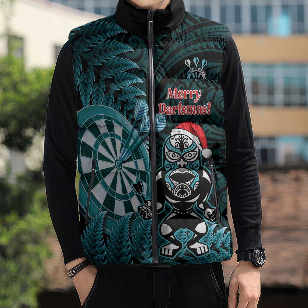 Personalised New Zealand Darts Christmas Sleeveless Puffer Jacket Maori Fern Merry Dartsmas - Aussie Hoodie