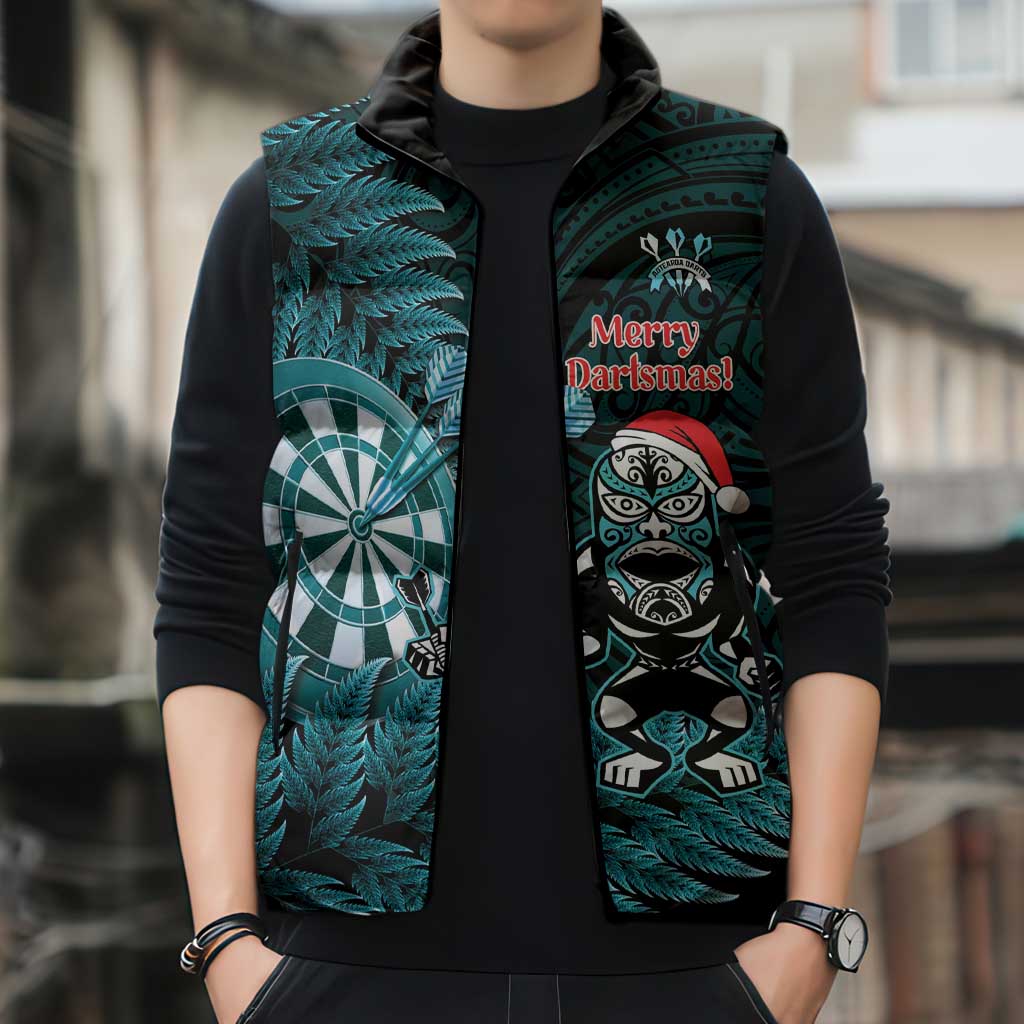 Personalised New Zealand Darts Christmas Sleeveless Puffer Jacket Maori Fern Merry Dartsmas - Aussie Hoodie
