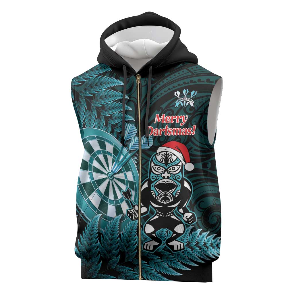 Personalised New Zealand Darts Christmas Sleeveless Zip Hoodie Maori Fern Merry Dartsmas - Aussie Hoodie
