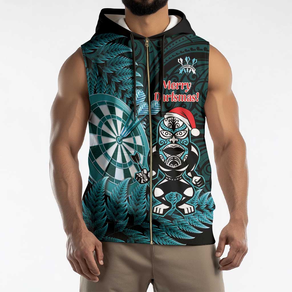 Personalised New Zealand Darts Christmas Sleeveless Zip Hoodie Maori Fern Merry Dartsmas - Aussie Hoodie