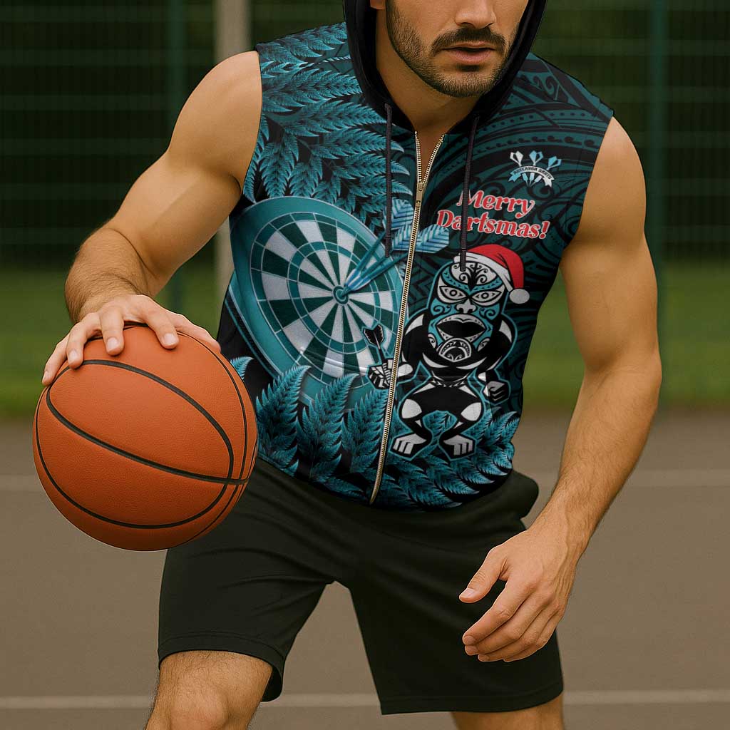 Personalised New Zealand Darts Christmas Sleeveless Zip Hoodie Maori Fern Merry Dartsmas - Aussie Hoodie