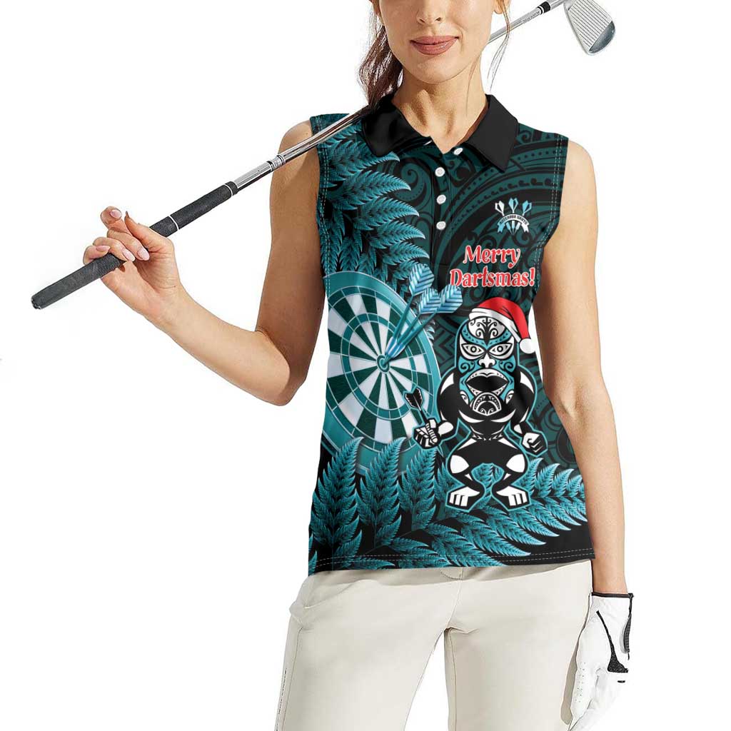 Personalised New Zealand Darts Christmas Women Sleeveless Polo Shirt Maori Fern Merry Dartsmas - Aussie Hoodie