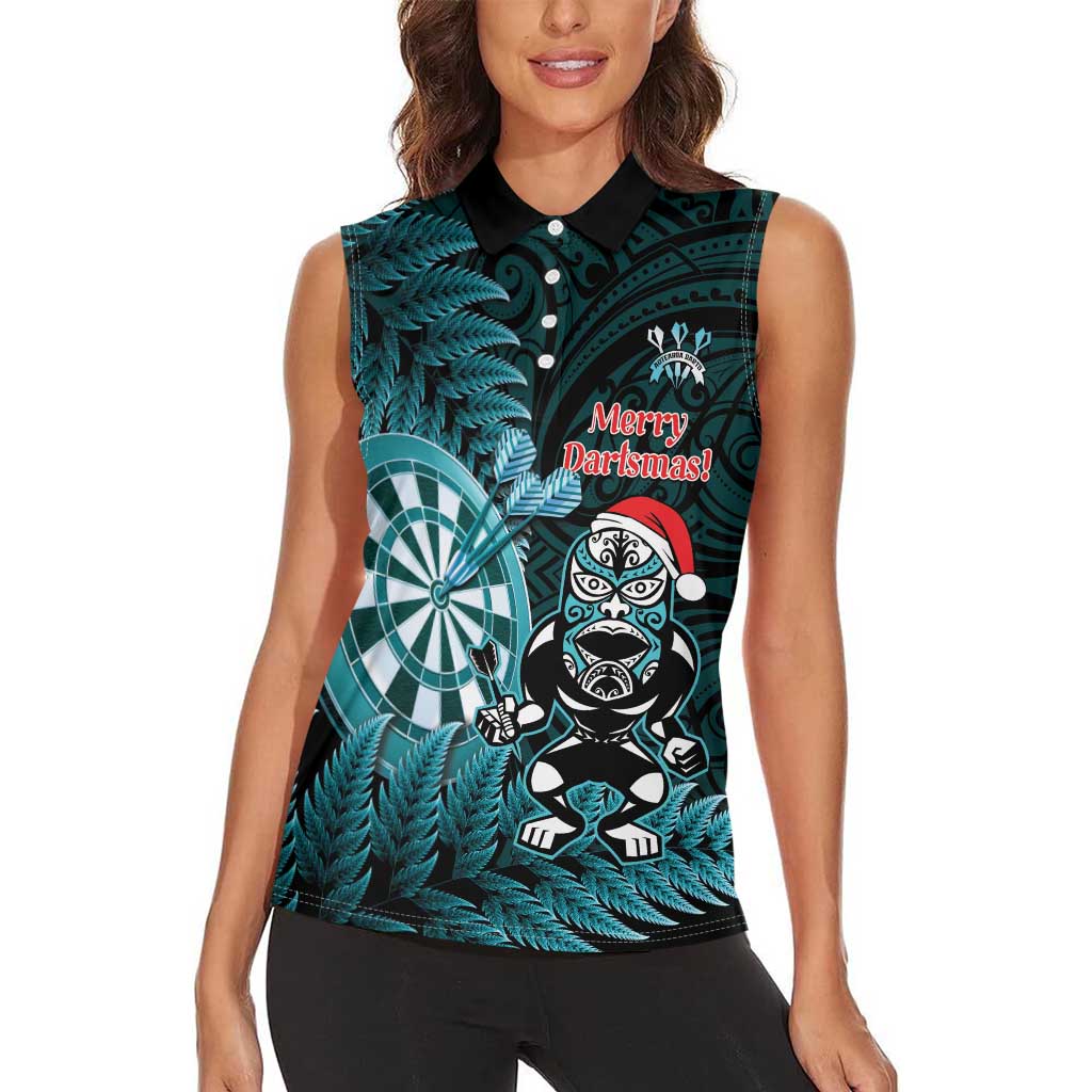 Personalised New Zealand Darts Christmas Women Sleeveless Polo Shirt Maori Fern Merry Dartsmas - Aussie Hoodie