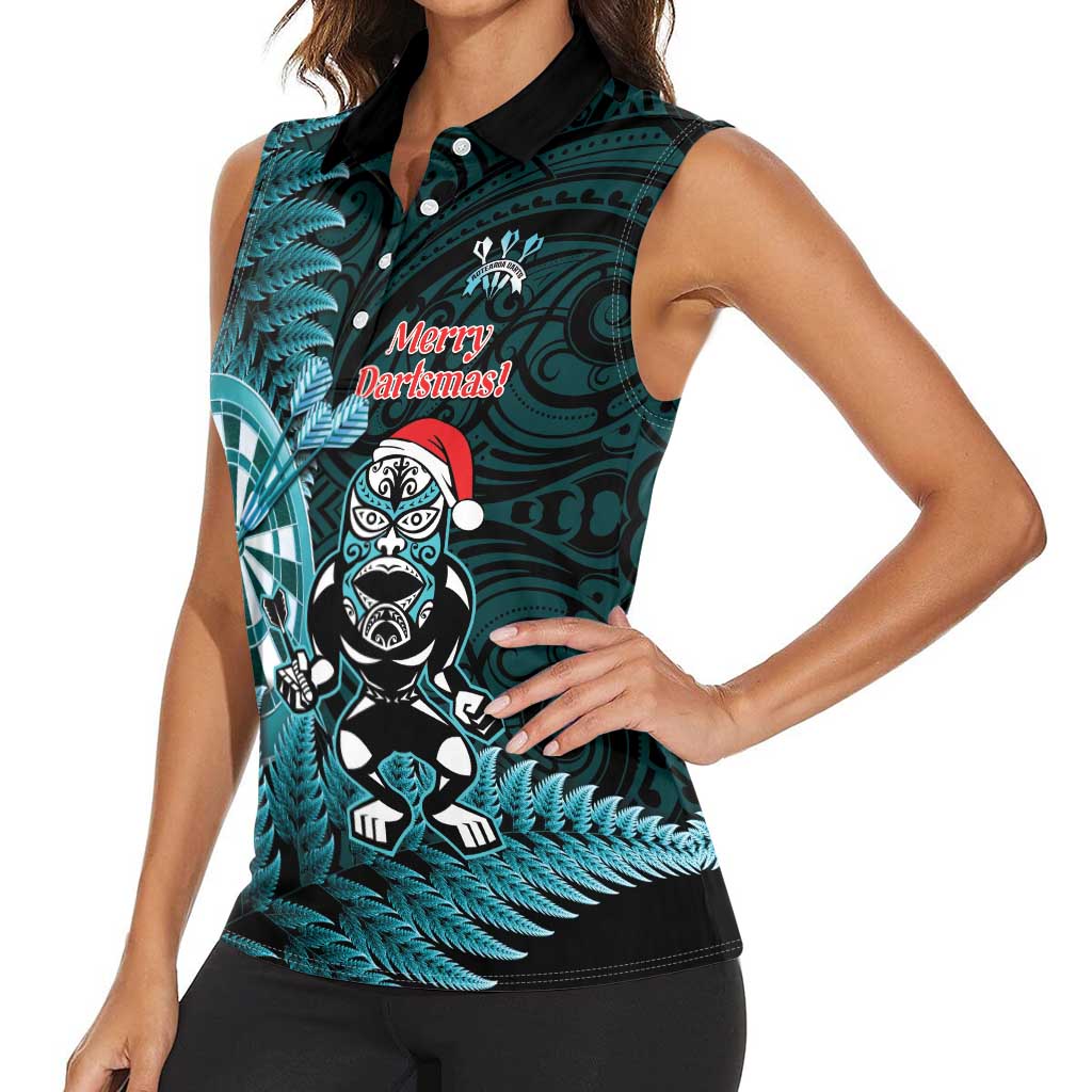 Personalised New Zealand Darts Christmas Women Sleeveless Polo Shirt Maori Fern Merry Dartsmas - Aussie Hoodie