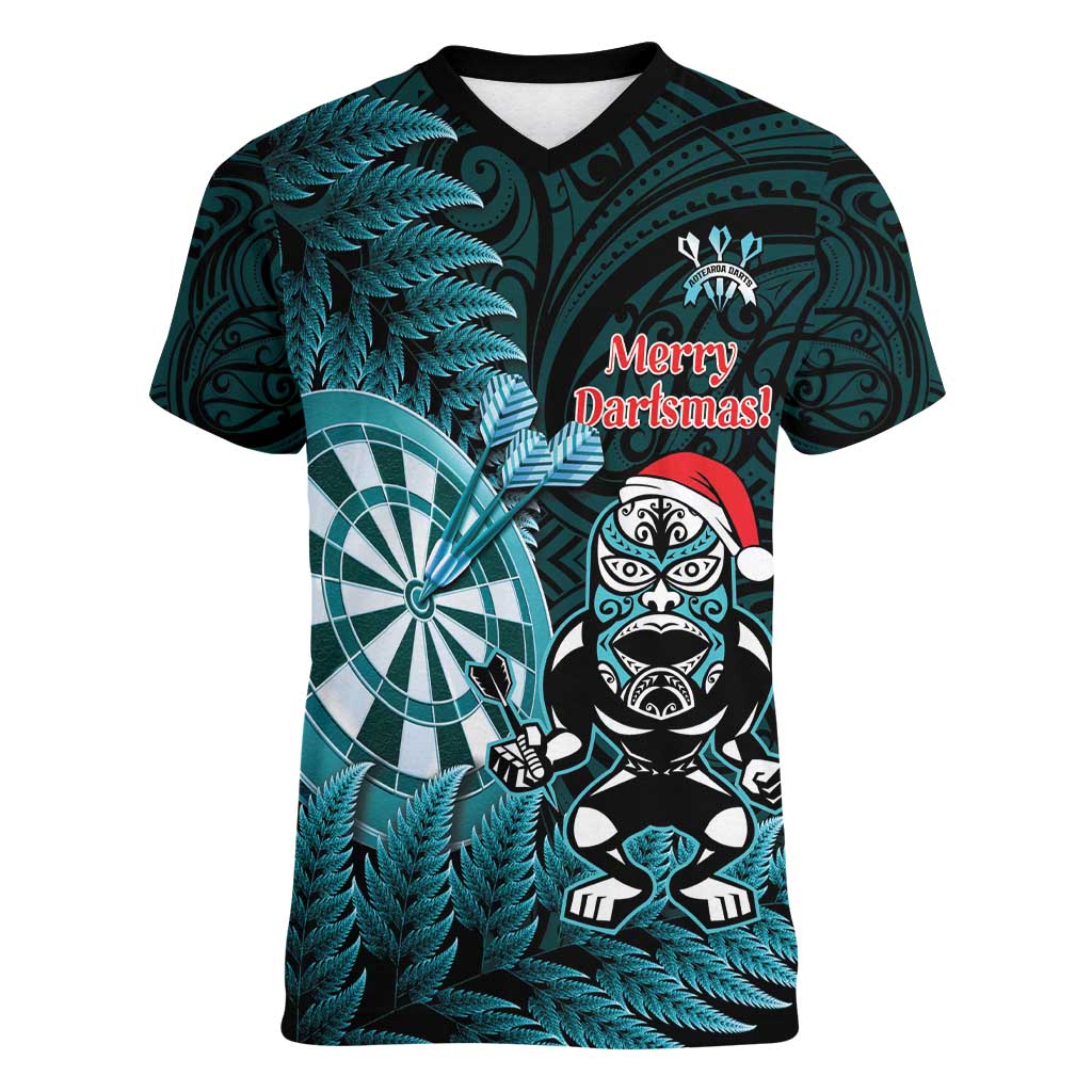 Personalised New Zealand Darts Christmas Women V-Neck T-Shirt Maori Fern Merry Dartsmas - Aussie Hoodie