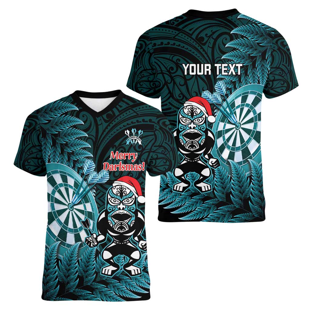 Personalised New Zealand Darts Christmas Women V-Neck T-Shirt Maori Fern Merry Dartsmas - Aussie Hoodie