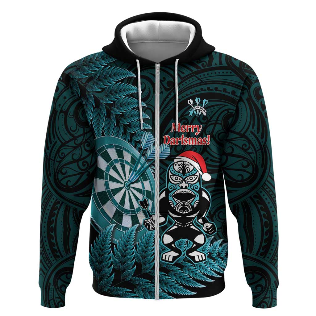 Personalised New Zealand Darts Christmas Zip Hoodie Maori Fern Merry Dartsmas - Aussie Hoodie