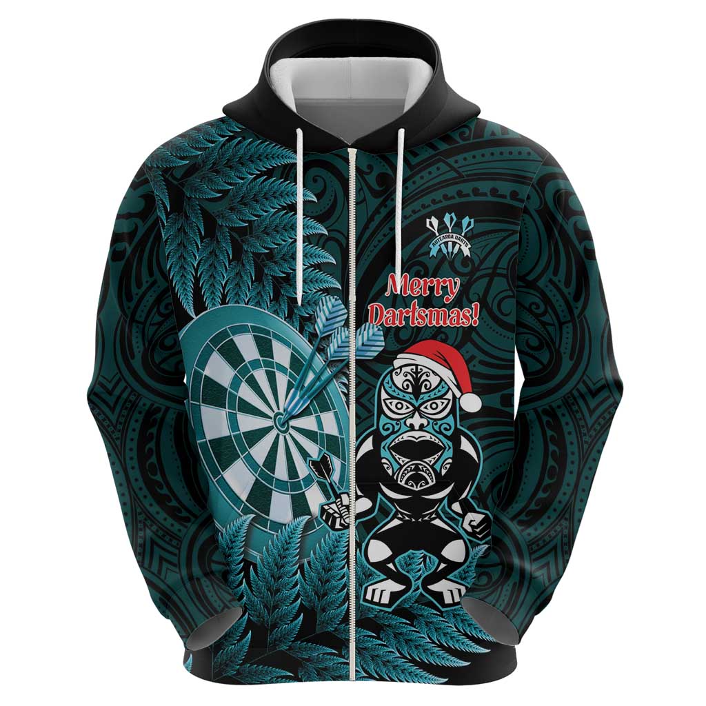 Personalised New Zealand Darts Christmas Zip Hoodie Maori Fern Merry Dartsmas - Aussie Hoodie