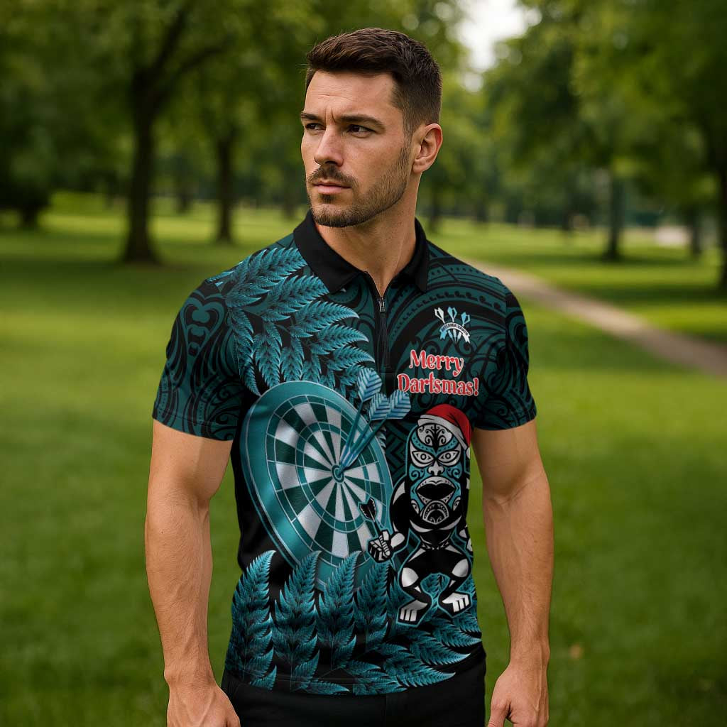 Personalised New Zealand Darts Christmas Zipper Polo Shirt Maori Fern Merry Dartsmas - Aussie Hoodie