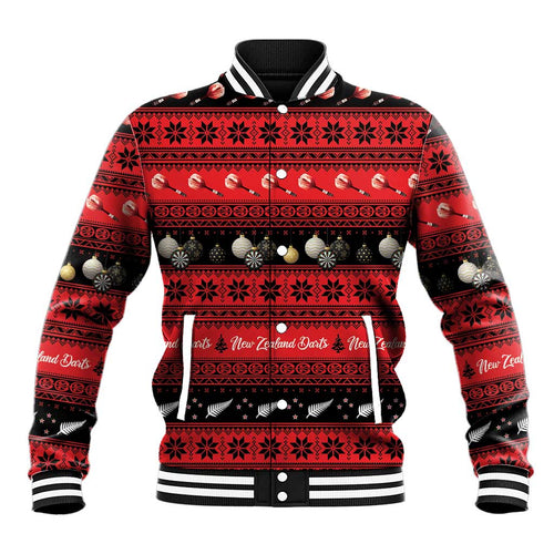 New Zealand Darts Christmas Baseball Jacket Merry Xmas Aotearoa Maori Red - Aussie Hoodie