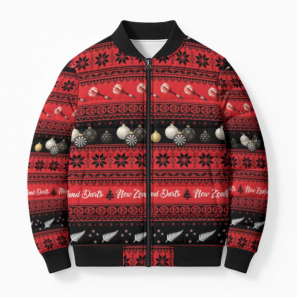 New Zealand Darts Christmas Bomber Puffer Jacket Merry Xmas Aotearoa Maori Red - Aussie Hoodie