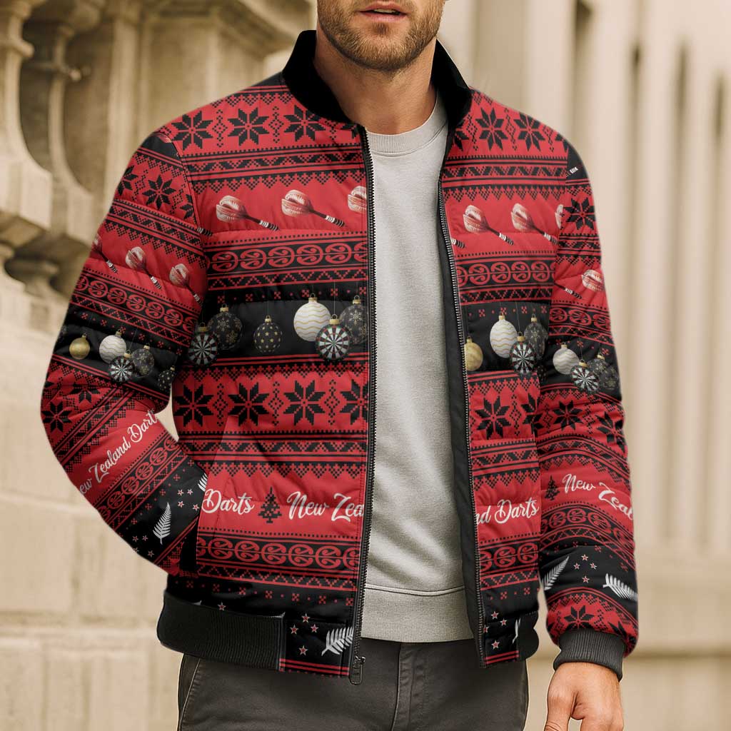 New Zealand Darts Christmas Bomber Puffer Jacket Merry Xmas Aotearoa Maori Red - Aussie Hoodie