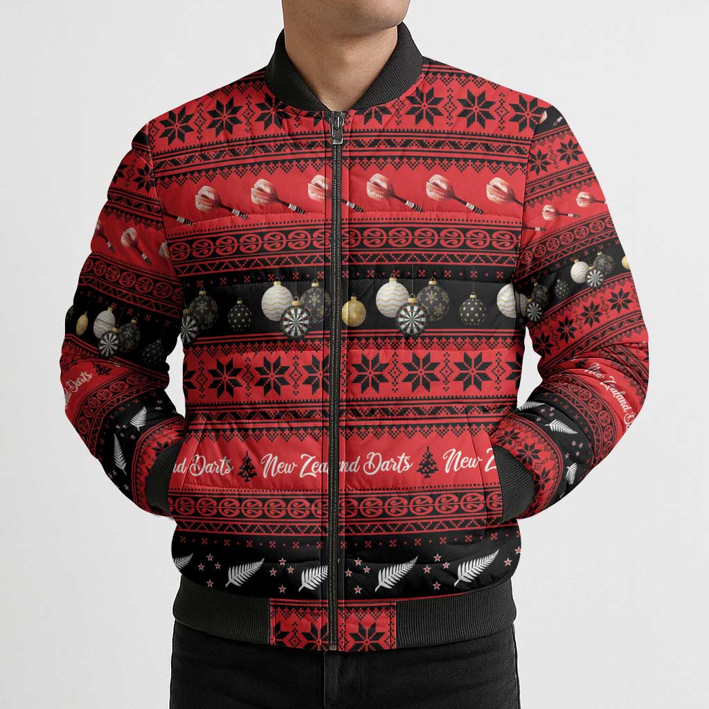 New Zealand Darts Christmas Bomber Puffer Jacket Merry Xmas Aotearoa Maori Red - Aussie Hoodie