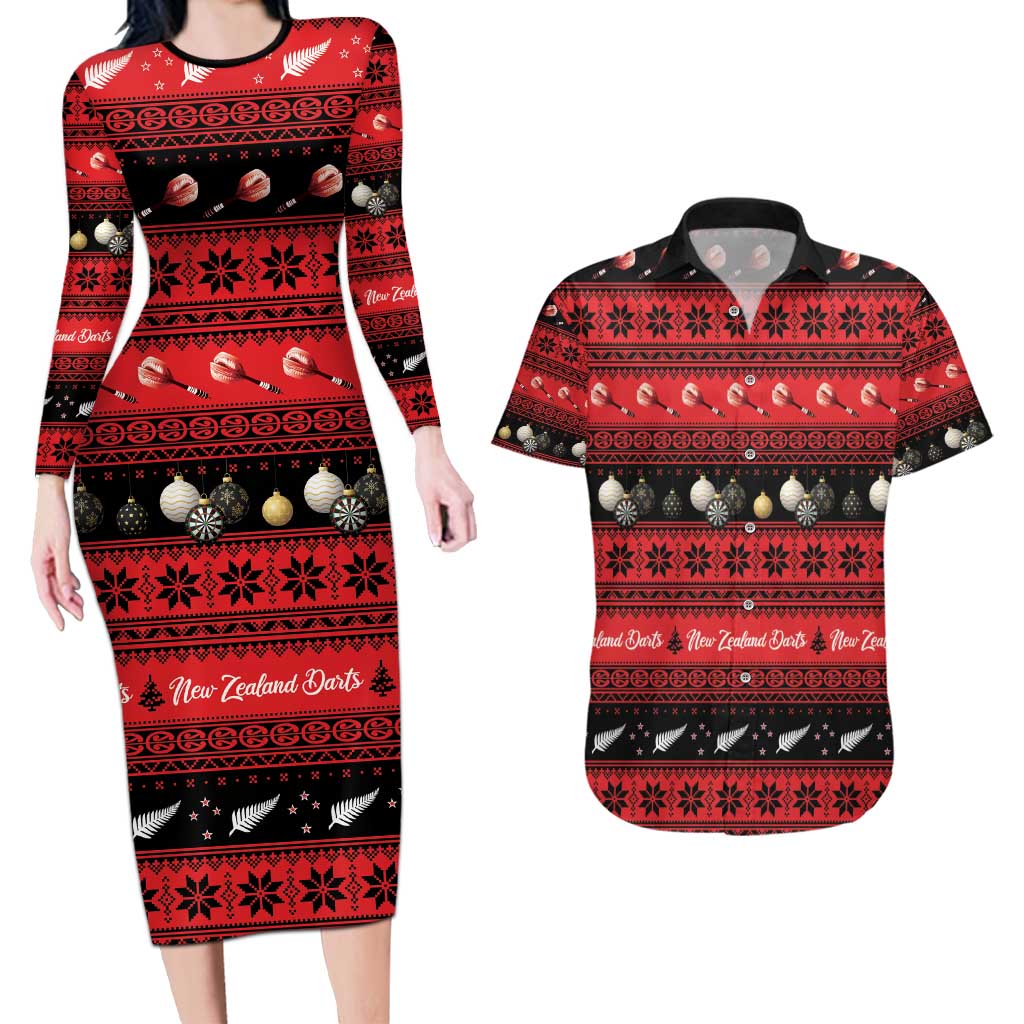 New Zealand Darts Christmas Couples Matching Long Sleeve Bodycon Dress and Hawaiian Shirt Merry Xmas Aotearoa Maori Red - Aussie Hoodie