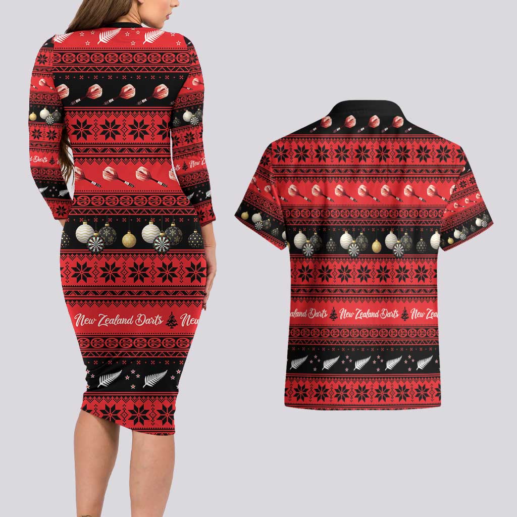 New Zealand Darts Christmas Couples Matching Long Sleeve Bodycon Dress and Hawaiian Shirt Merry Xmas Aotearoa Maori Red - Aussie Hoodie