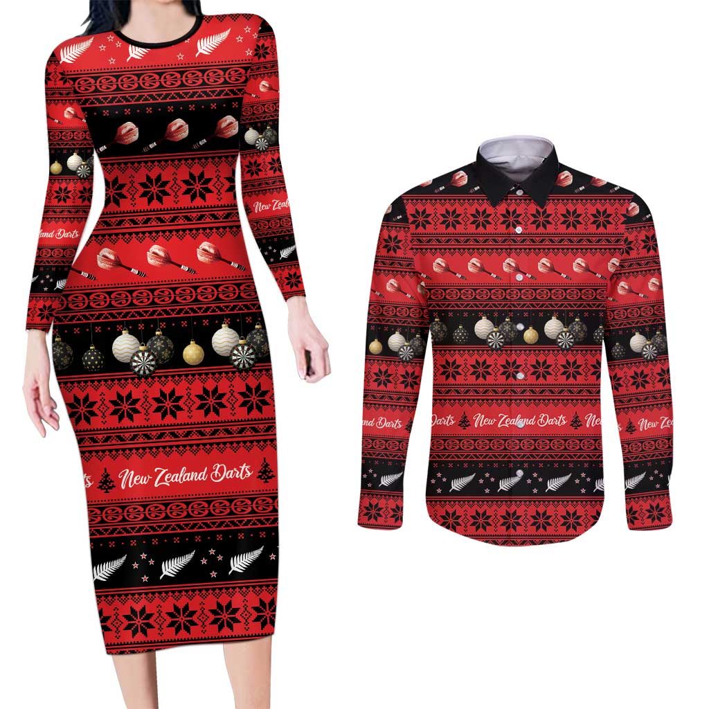 New Zealand Darts Christmas Couples Matching Long Sleeve Bodycon Dress and Long Sleeve Button Shirt Merry Xmas Aotearoa Maori Red - Aussie Hoodie